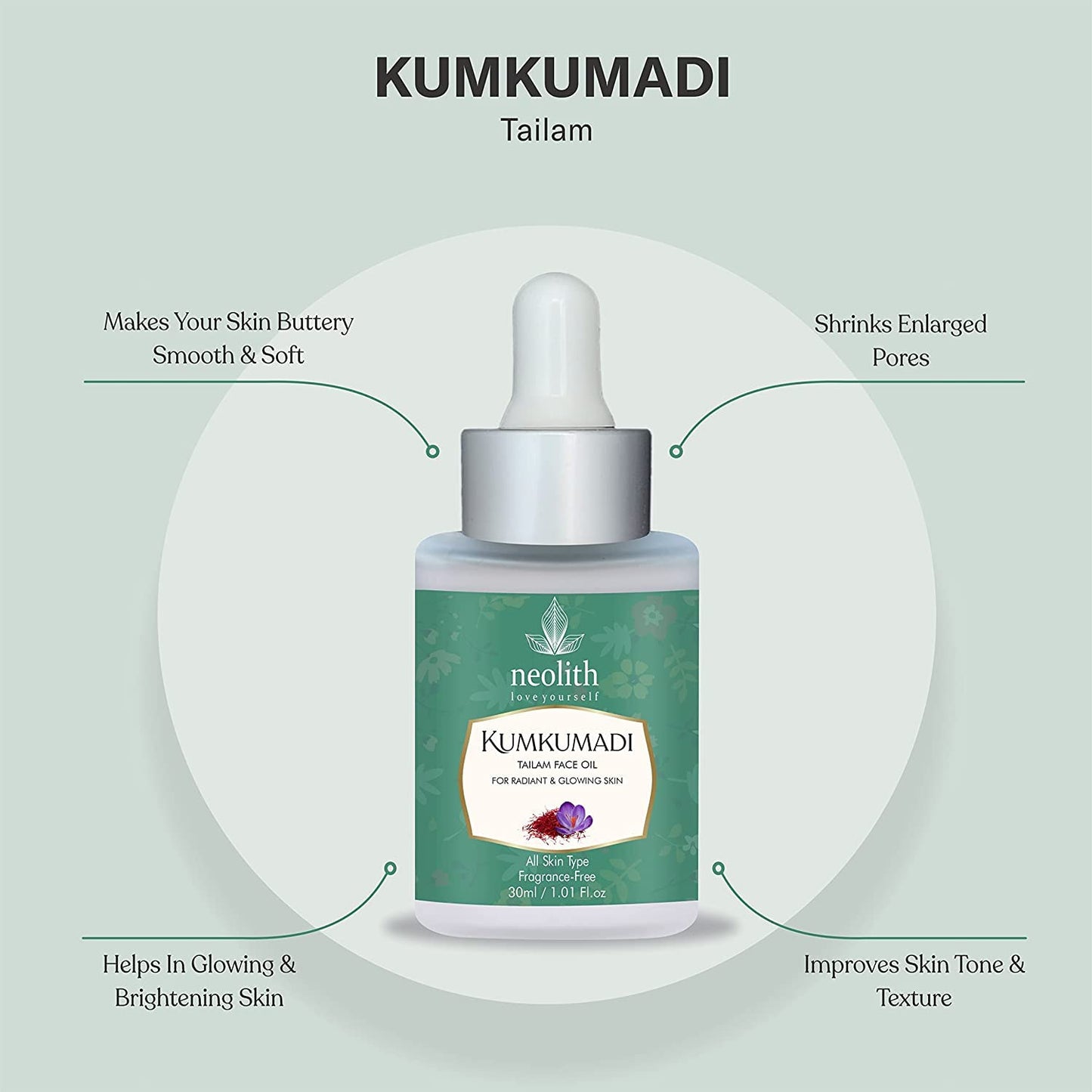 Neolith 100% Organic Kumkumadi Skin Radiance Face Oil with Saffron, Sandalwood, Vetiver, Turmeric & Lotus Extracts for Dull Skin, Dark Spots, Glowing Skin (30 ML)