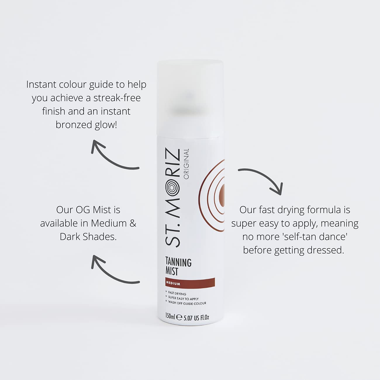 ST. MORIZ St Moriz Original Instant Tanning Mist in Medium | Fast Drying Vegan Fake Tan Mist | Instant Wash Off Guide Colour for a Golden Glow | Dermatologically Tested | Vegan | Cruelty Free | 150ml