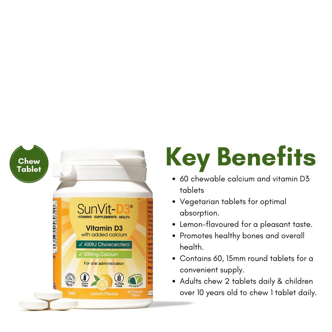 SunVit-D3 Vitamin D3 400IU with Added 500mg Calcium Lemon Tablets - Support The Maintenance of Bone, Teeth, Muscle & Immune System - 60 Lemon Chewable Tablets