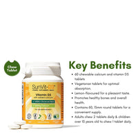 SunVit-D3 Vitamin D3 400IU with Added 500mg Calcium Lemon Tablets - Support The Maintenance of Bone, Teeth, Muscle & Immune System - 60 Lemon Chewable Tablets