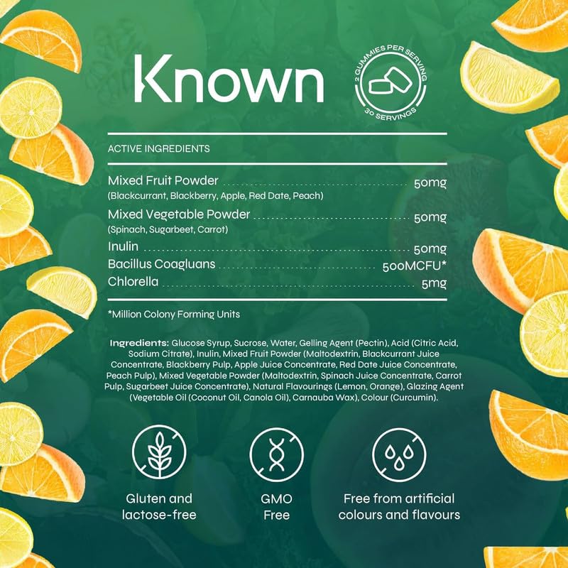 Known Delicious Green Cleanse Gummies - Chlorella & Gut-Friendly Bacteria - Natural Lemon & Orange Flavour - 60 Vegan Gummies, 1 Month Supply