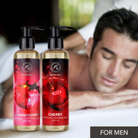 AROMATIKA trust the power of nature Sensual Massage Oil Set 2 x 200ml - Strawberry & Cherry - Blend of Almond and Grapeseed Oils - Edible & Kissable Massage Oil - Body Oil for Him & Her - for Couples - Romantic Gift - Relaxing Oil