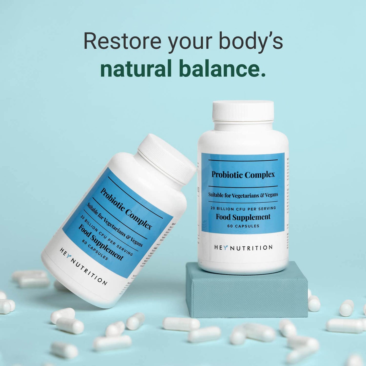 Hey Nutrition Probiotic Complex Supplement - 20 Billion CFU - Suitable for Vegetarians & Vegans - Supports Gut & Skin Health, Improves Immune Response - UK Manufactured - 60 Vegan Capsules