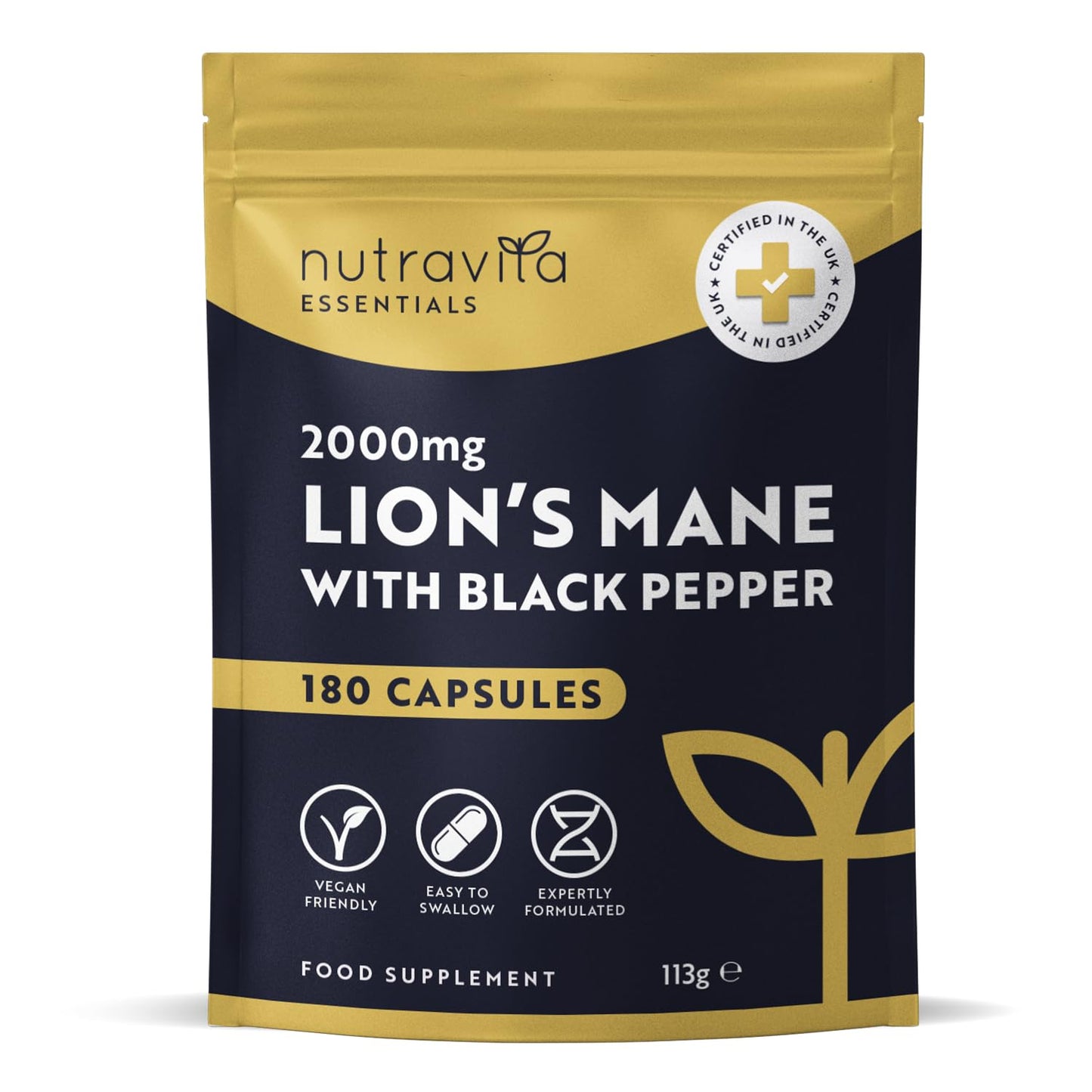 Lions Mane Mushroom 2000mg - 180 High Strength Capsules - Alternative to Lions Mane Powder - 6 Month Supply - Lions Mane Extract Supplement with Black Pepper - 100% Vegan - Nutravita