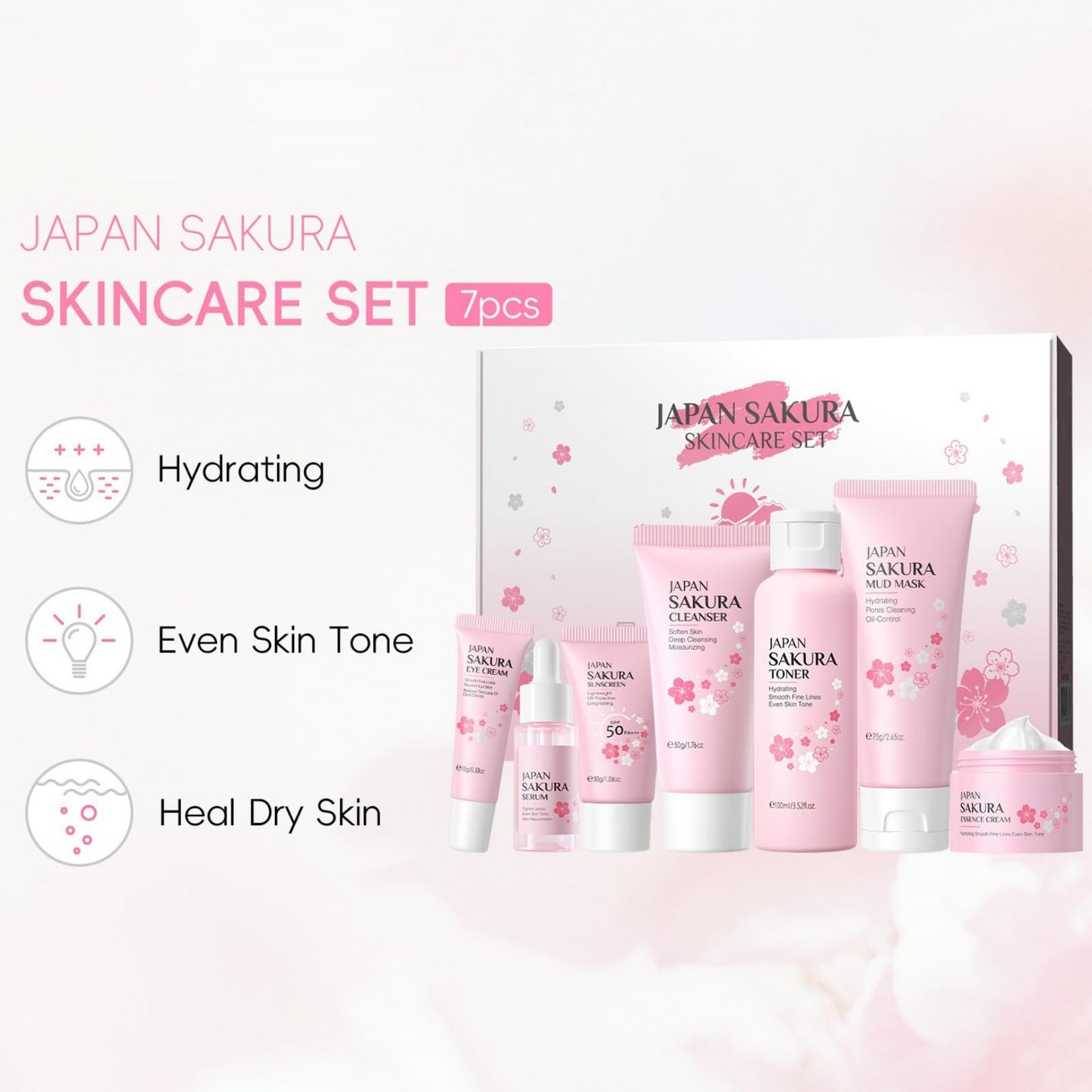 Ingzy Sakura Skin Care Sets & Kits for Teenage Girls, 7 Piece Cherry Blossom Skincare Gift Set with Cleanser, Face Toner, Face Cream, Serum, Eye Cream, Mud Mask, Sunscreen