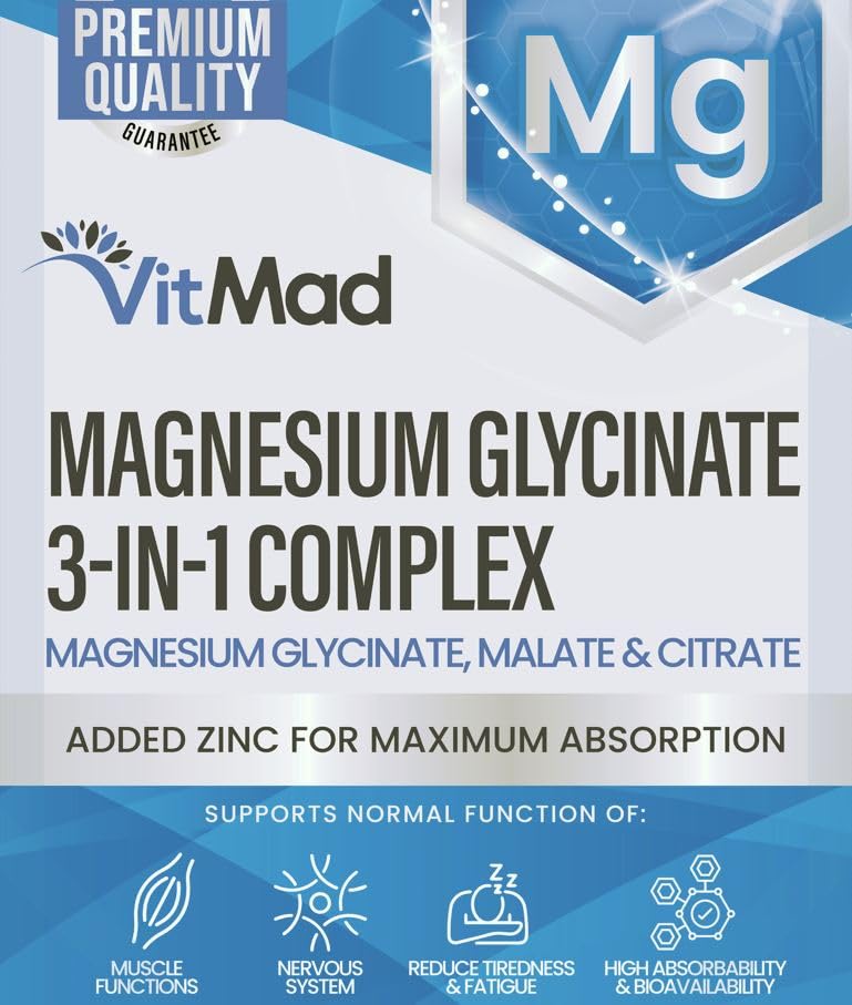 Vitmad Magnesium Glycinate 3-in-1 Complex - Bisglycinate, Citrate & Malate Vegan Capsules, Added Zinc to Maximise Absorption 380mg Elemental 100% NRV, UK Made (60)