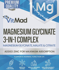 Vitmad Magnesium Glycinate 3-in-1 Complex - Bisglycinate, Citrate & Malate Vegan Capsules, Added Zinc to Maximise Absorption 380mg Elemental 100% NRV, UK Made (60)