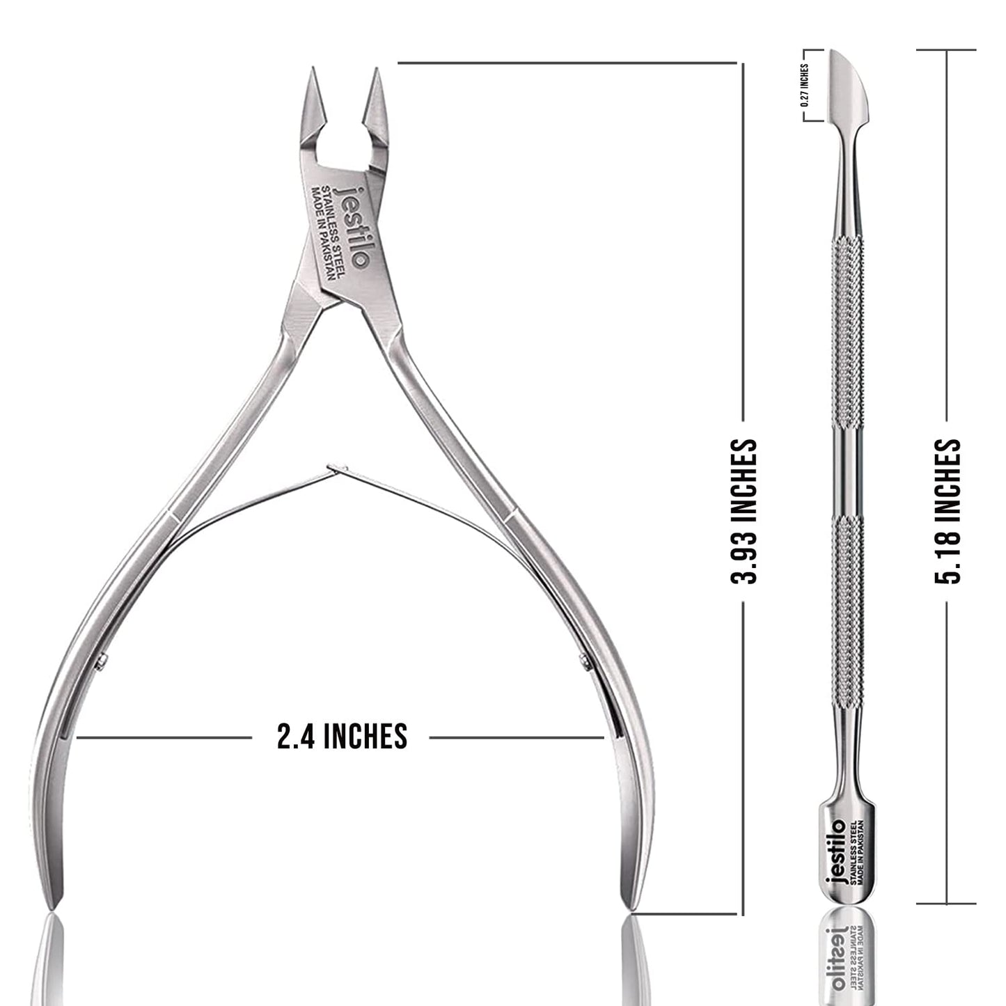 Jestilo Cuticle Remover Tool Set with Cuticle Cutter and Cuticle Pusher - Stainless Steel Professional Cuticle Nipper and Pusher Nail Care Tools for Salon and Level Mani-Pedi at Home (Silver)