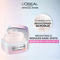L'Oreal Paris Glycolic Bright Day Cream with SPF 17, 50ml |Skin Brightening Cream with Glycolic Acid that Visbily Minimizes Spots & Reveals Even Toned Skin