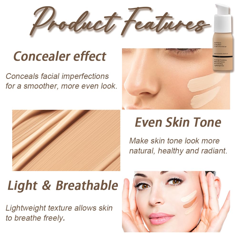 FPNNZ Face Foundation, Full Coverage Foundation, Liquid Foundation Soft Matte, Lightweight Feel Oil-Control Concealer, Long Lasting, Waterproof, Sweat and Transfer Resistant (03#)