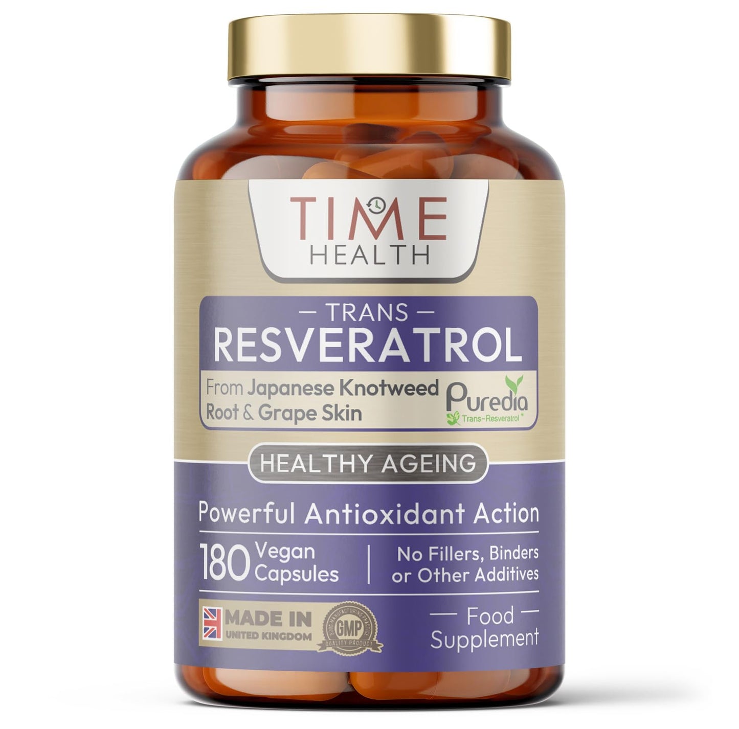 Time Health Trans Resveratrol - Premium Brand Puredia - 180 Capsules - 3 Month Supply - Effective Split Dose for Maximum Benefits from Trans-Resveratrol - UK Manufactured - Zero Additives (180 Count (Pack of 1))