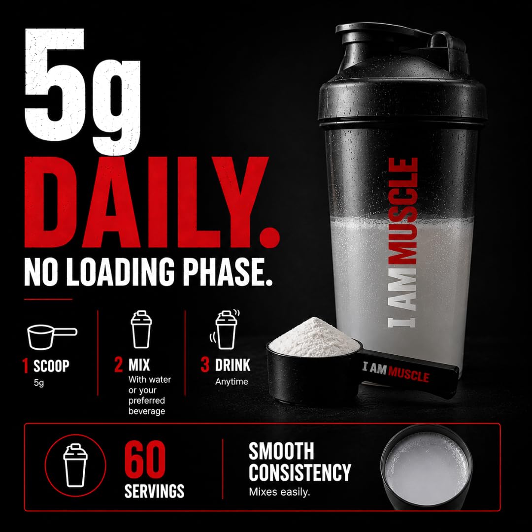 I AM MUSCLE Creatine Monohydrate Powder 300g | 100% Pure Creatine Monohydrate | Unflavoured | 60 Servings | 5000mg Per Serving | Supports High-Intensity Exercise Performance | Vegan