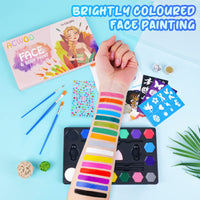 ACWOO Face Paints for Kids, 16 Colors Professional Face Body Painting Kit with 1 Gem Sheet, 2 Glitters, 3 Stencils, 3 Brushes, 4 Sponges, Water Based Face Paint for Halloween, Party, Cosplay