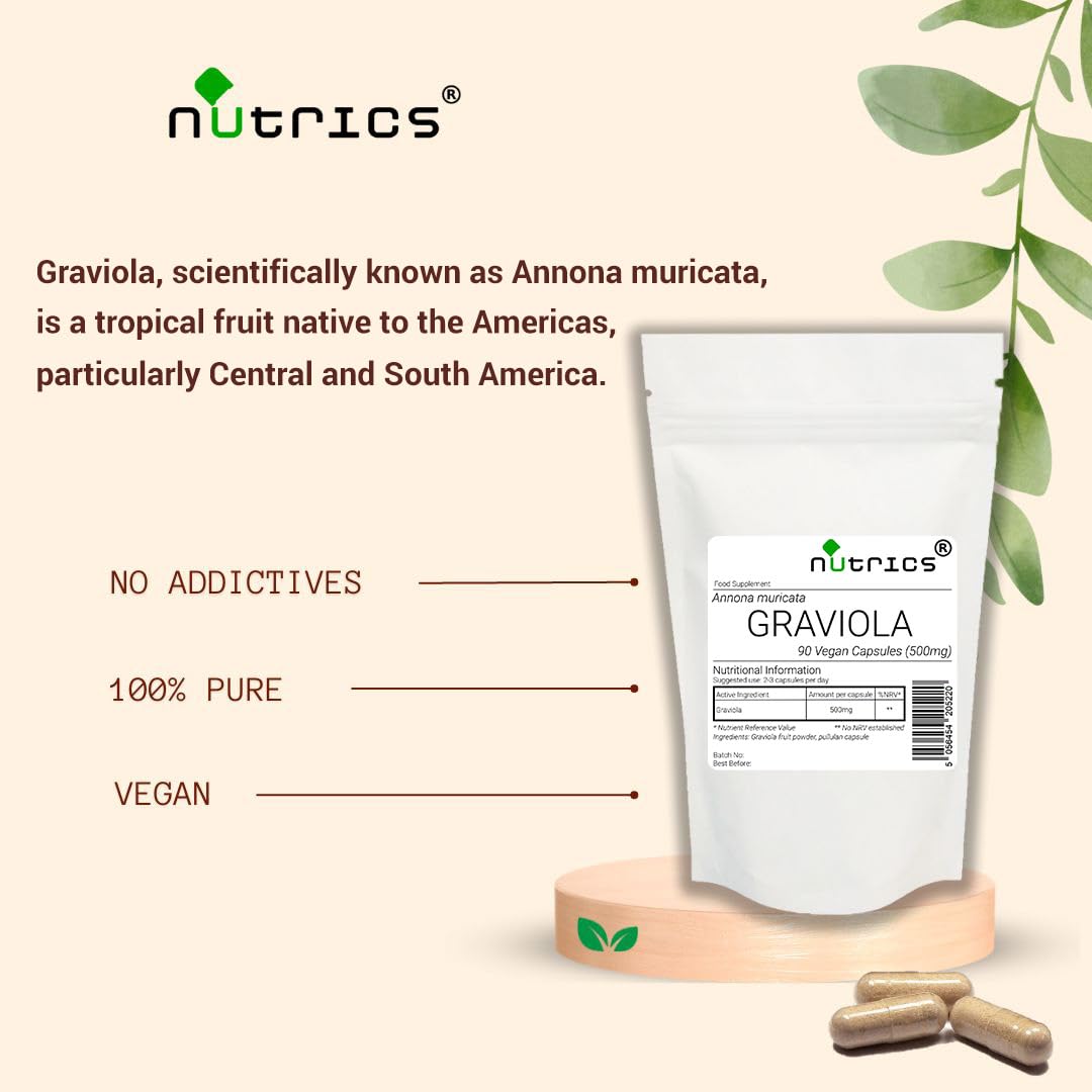 Nutrics® GRAVIOLA Fruit 500mg 90 V Capsules -1 Month Supply - Soursop Suitable for Vegan Vegetarian Halal Kosher