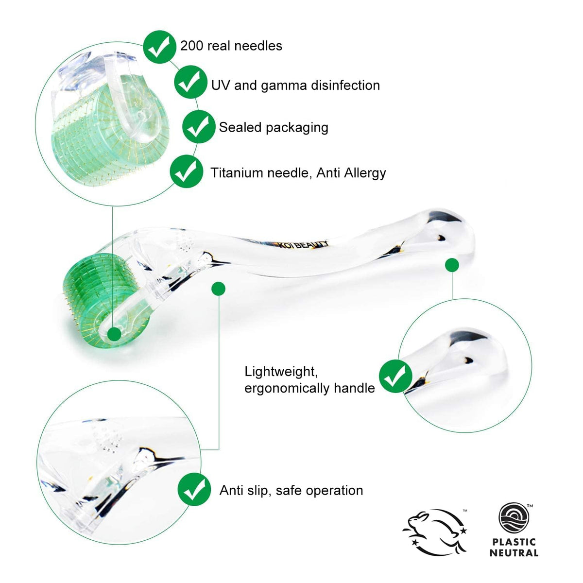 Koi Beauty KOI BEAUTY Derma Roller 1mm - 200 REAL NEEDLE, Professional Microneedling Roller for Hair &Beard Growth at Home, Dermaroller for Face Body Scalp for Women Men, Micro Needling Roller Titanium