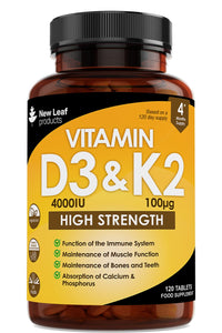 Vitamin D3 K2 - Vitamin D3 4000iu & Vitamin K2 100ug (MK7) 4 Months Supply, Supports Immunity, Calcium Absorption and Bone Health, Non-GMO, UK Made by New Leaf 365 Micro Small Vegetarian Tablets,