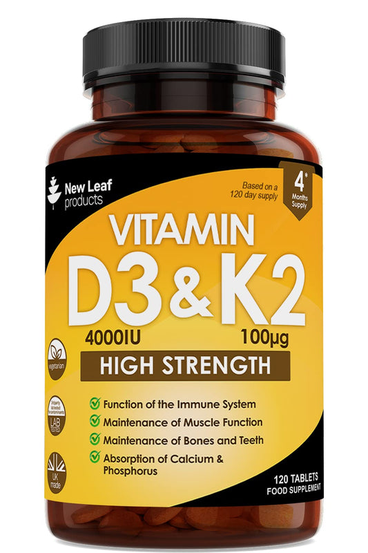 Vitamin D3 K2 - Vitamin D3 4000iu & Vitamin K2 100ug (MK7) 4 Months Supply, Supports Immunity, Calcium Absorption and Bone Health, Non-GMO, UK Made by New Leaf 365 Micro Small Vegetarian Tablets,