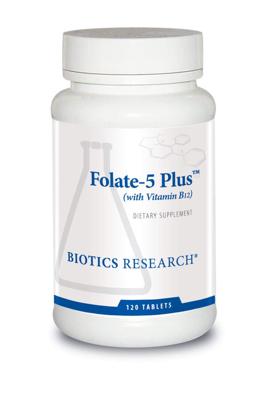 BIOTICS Research Folate 5 Plus High Potency Folate with B12. Methyl Support. 5 Milligram Natural and Whole Food Form of Folate, 18 B12, Pregnancy Nutrition, Energy Support. Healthy Skin. 120 tabs