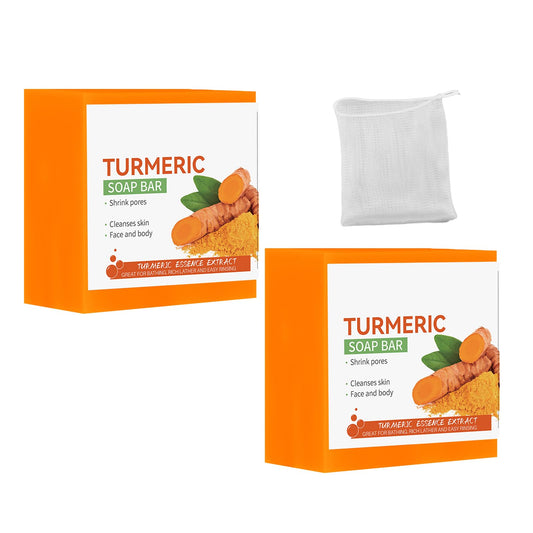 2 PCS Turmeric Soap Tumeric Soap Acne Dark Spot Smooth Skin Turmeric Soap Bar with Foaming Net Suitable for Face and Body Anti-Freckles Moisturizing Eliminating Fine Lines