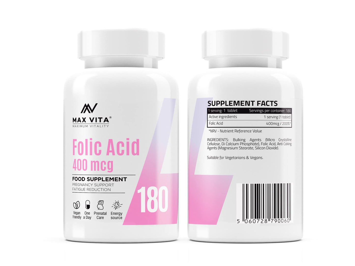 Folic Acid 400 mcg Vitamin B9 Pregnancy Care Maternal Tissue Growth During Immune System Support Energy Production Women Health 180 Vegan Tablets