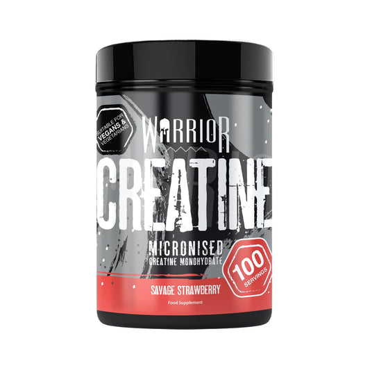 Warrior Creatine Monohydrate Powder 500g – Micronised for Easy Mixing and Consumption – Proven to Improve Physical Performance/Recovery, 5g Servings (Savage Strawberry)