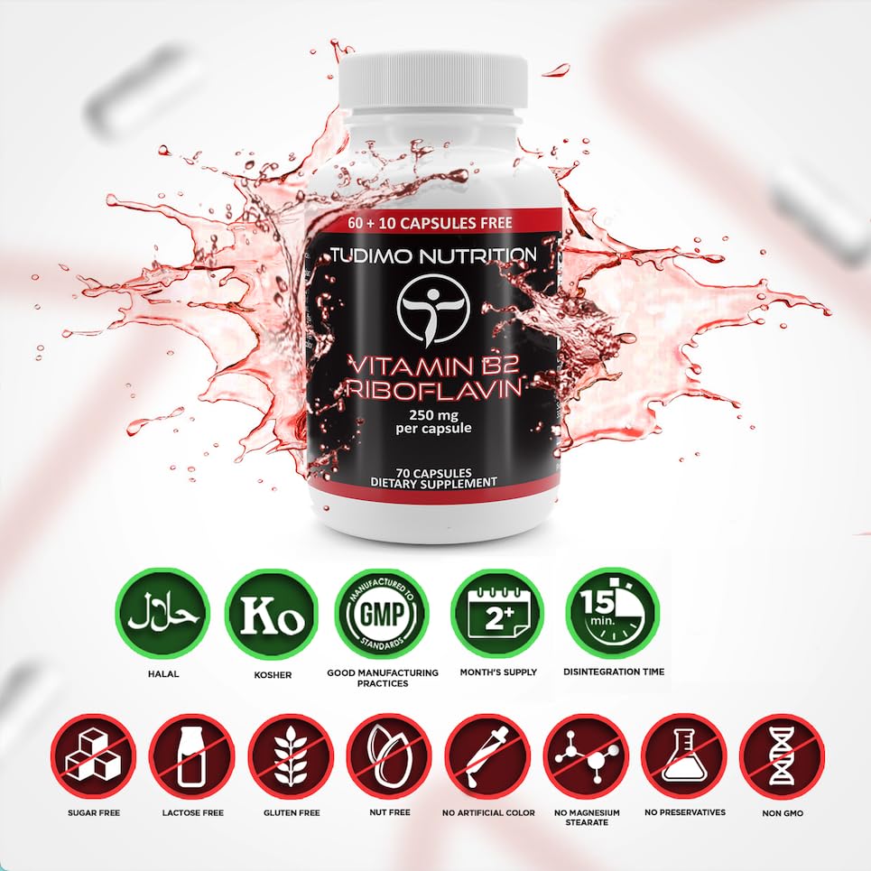Vitamin B2 Riboflavin 250 mg Capsules - 70 pcs (2+ Month Supply) of Rapidly Disintegrating Capsules, Each with 250mg of Premium Quality & Pure Riboflavin Powder, by TUDIMO