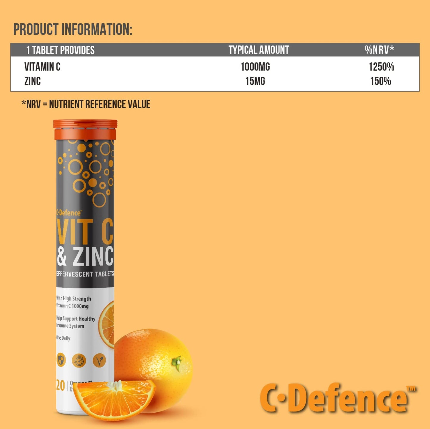Vitamin C 1000mg & Zinc 15mg Orange Flavour Effervescent Tablets by Club Vits (2 Tubes of 20 Tablets)