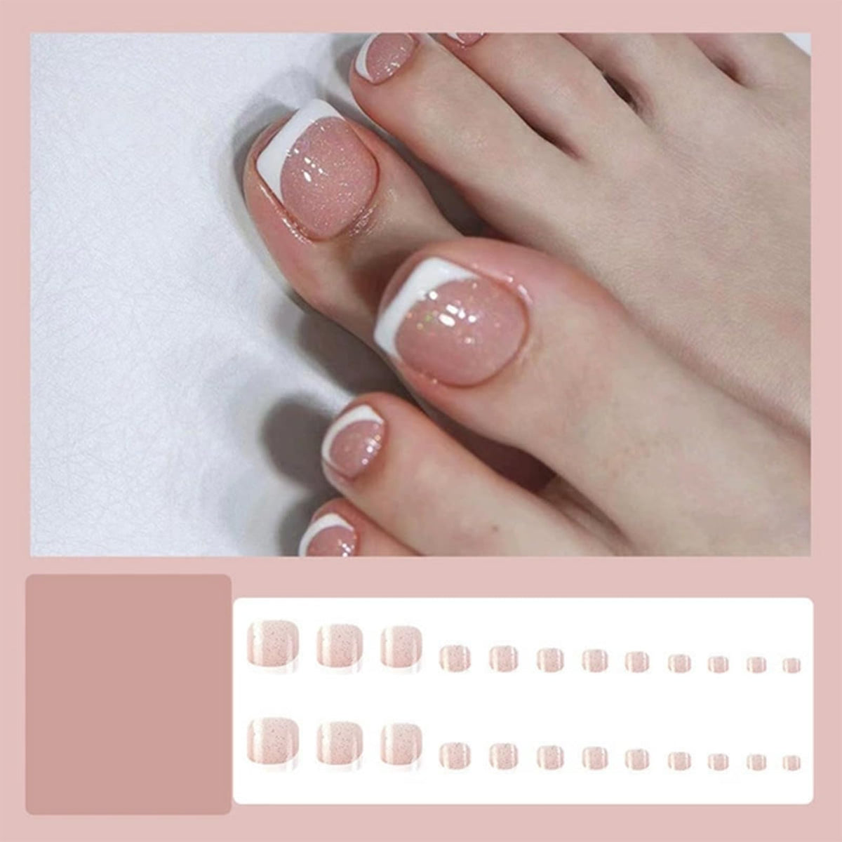 NICENEEDED White French Tip Press on Toenails, Glitter Fake Toe Nails Short Square Shaped Summer False Toenail, Press on Glossy Toenails for Pedicure Decorations Halloween