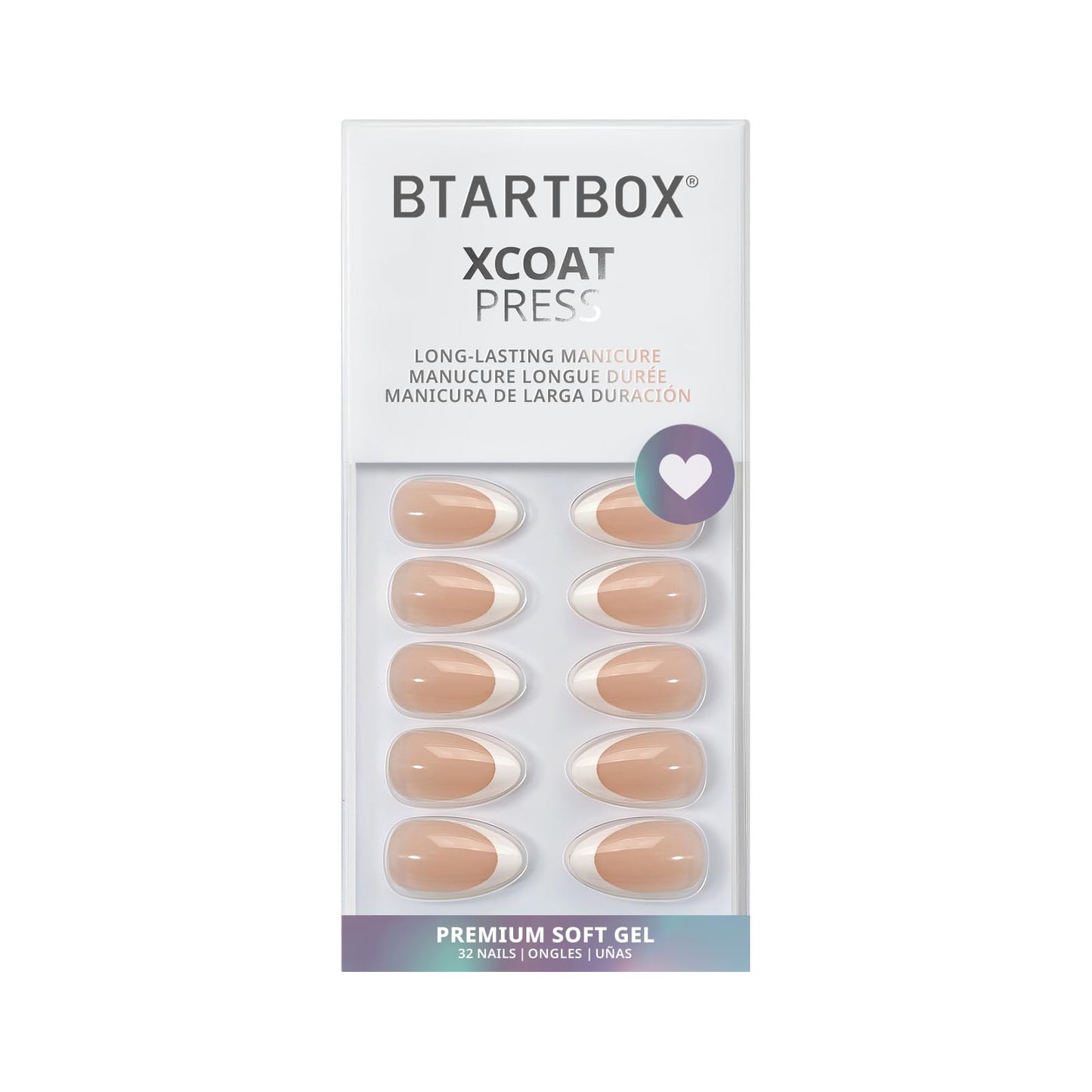 BTArtbox Press on Nails - Short Almond French Tip False Nails with Glue, 32Pcs Soft Gel Fake Nail in 16 Sizes, Reusable Semi-Transparent Stick on Nails for Women, White French