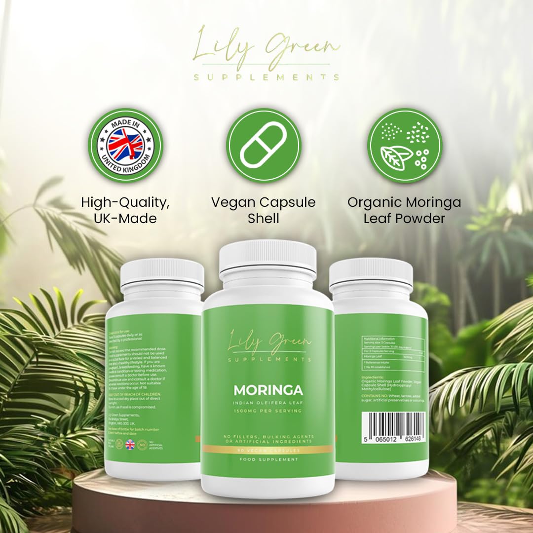 Lily Green Supplements Lily Green Organic Moringa Capsules | High Strength Pure Moringa Supplement | No Artificial Additives | 90 Vegan Capsules | Made in UK