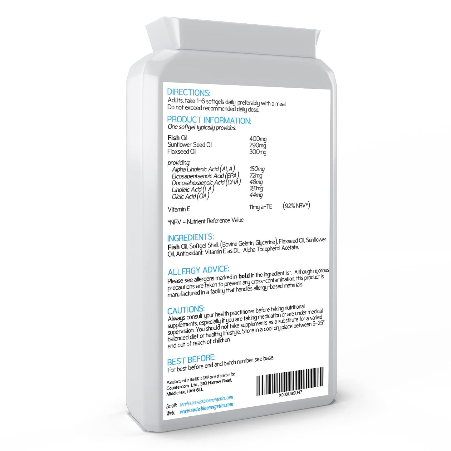 swiss bioenergetics Omega Balanced 3, 6 & 9 Fish Oil 1000mg, 90 Capsules - High Strength EPA & DHA Formula derived from Fish & Flaxseed Oil with Added Vitamin E in Easy to Swallow Soft Gel Capsules