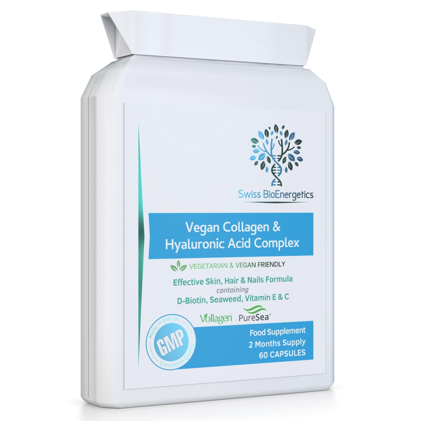 swiss bioenergetics Vegan Collagen & Hyaluronic Acid Complex - 60 Capsules - Effective Skin, Hair & Nails Formula with 500mg of Vollagen in The Exact Amino ratios of Human Collagen - D-Biotin, Seaweed, Vitamins E&C
