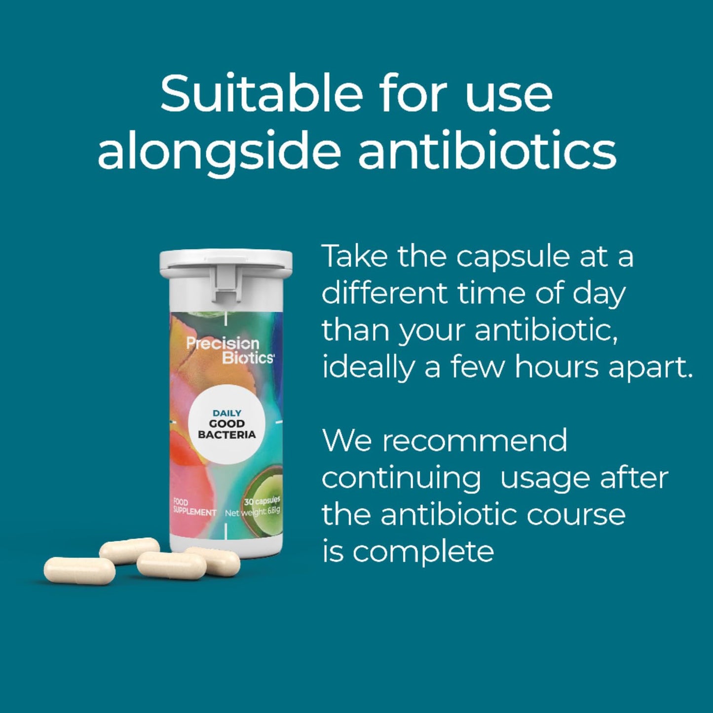 PrecisionBiotics Daily Good Bacteria - Daily Gut Health Probiotics Supplement - BB-12 and LA-5 Bacterial Culture Strains + FOS fibers - 30 Capsules