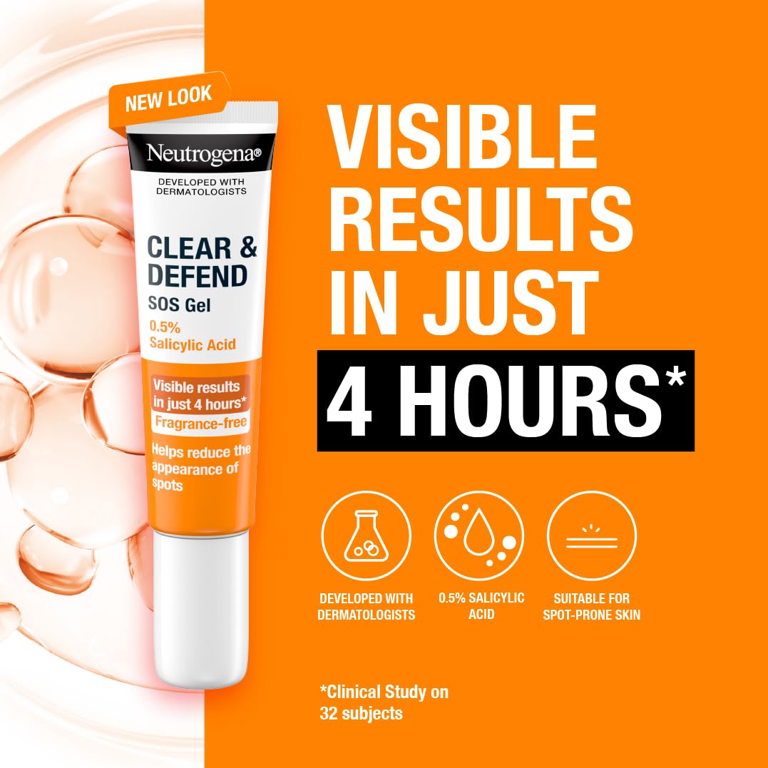 Neutrogena Clear and Defend SOS Gel (15ml), Oil-Free Face Gel for Spot-Prone Skin, with Purifying 0.5% Salicylic Acid to Help Reduce the Appearance of Spots