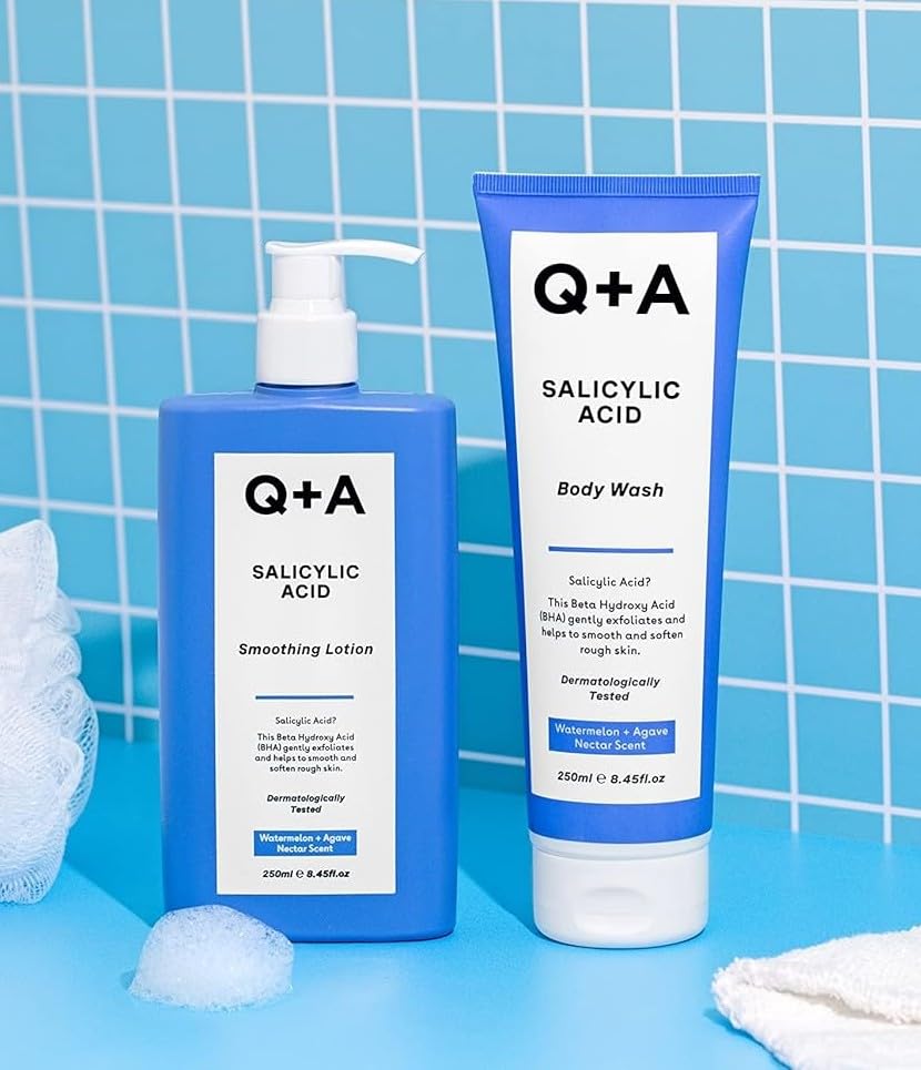 Q+A Salicylic Acid Smoothing Body Lotion (250ml), Body Moisturiser with Watermelon & Agave Scent, Body Butter Alternative, Smooths Rough Bumpy Skin, Clears Blemishes & Uneven Texture