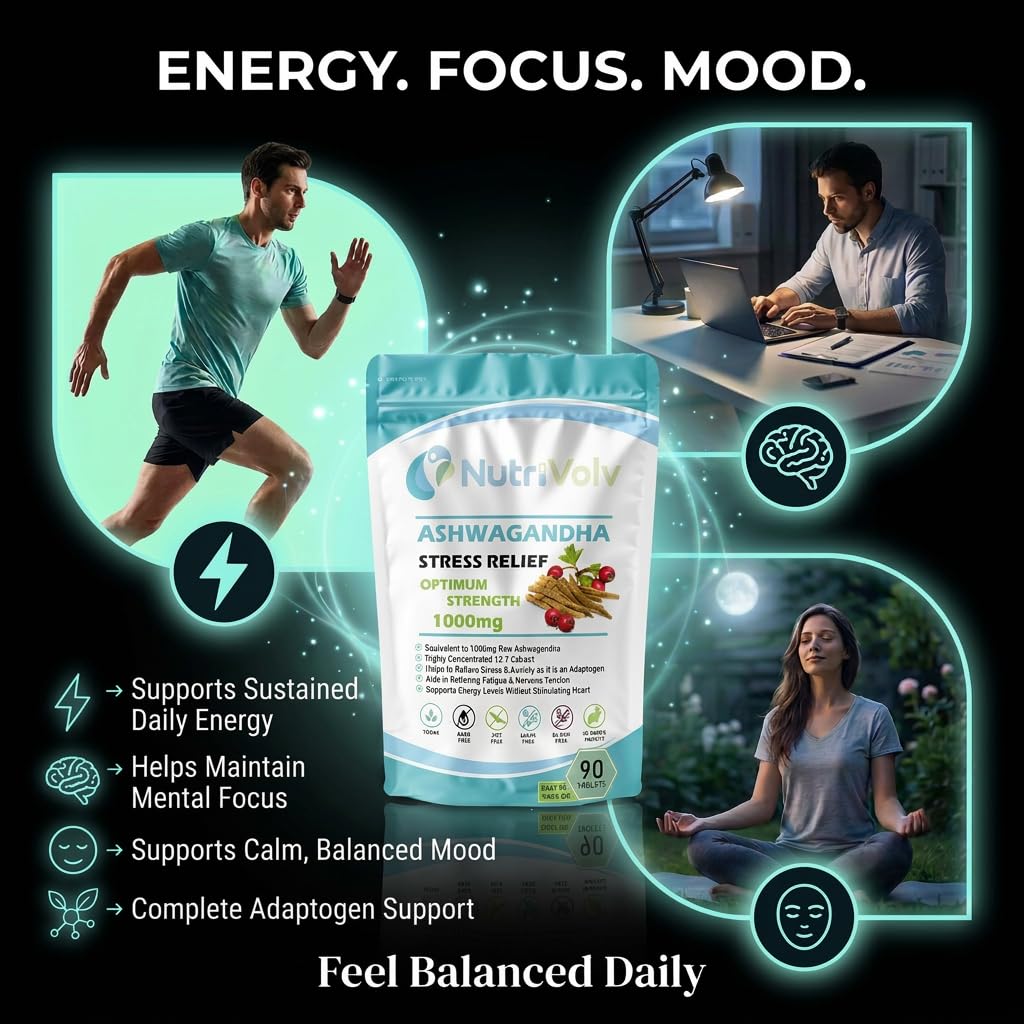 NutriVolv Ashwagandha 1000mg – 90 Vegan Tablets | High Strength Extract | Adaptogen for Stress, Anxiety & Fatigue Relief | Supports Energy, Focus, Mood, Sleep & Hormonal Balance | Ayurvedic Supplement