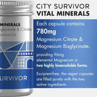 City Survivor Vital Minerals Magnesium - Bioavailable Glycinate & Citrate for Sleep, Energy and Exercise - 60 Capsules