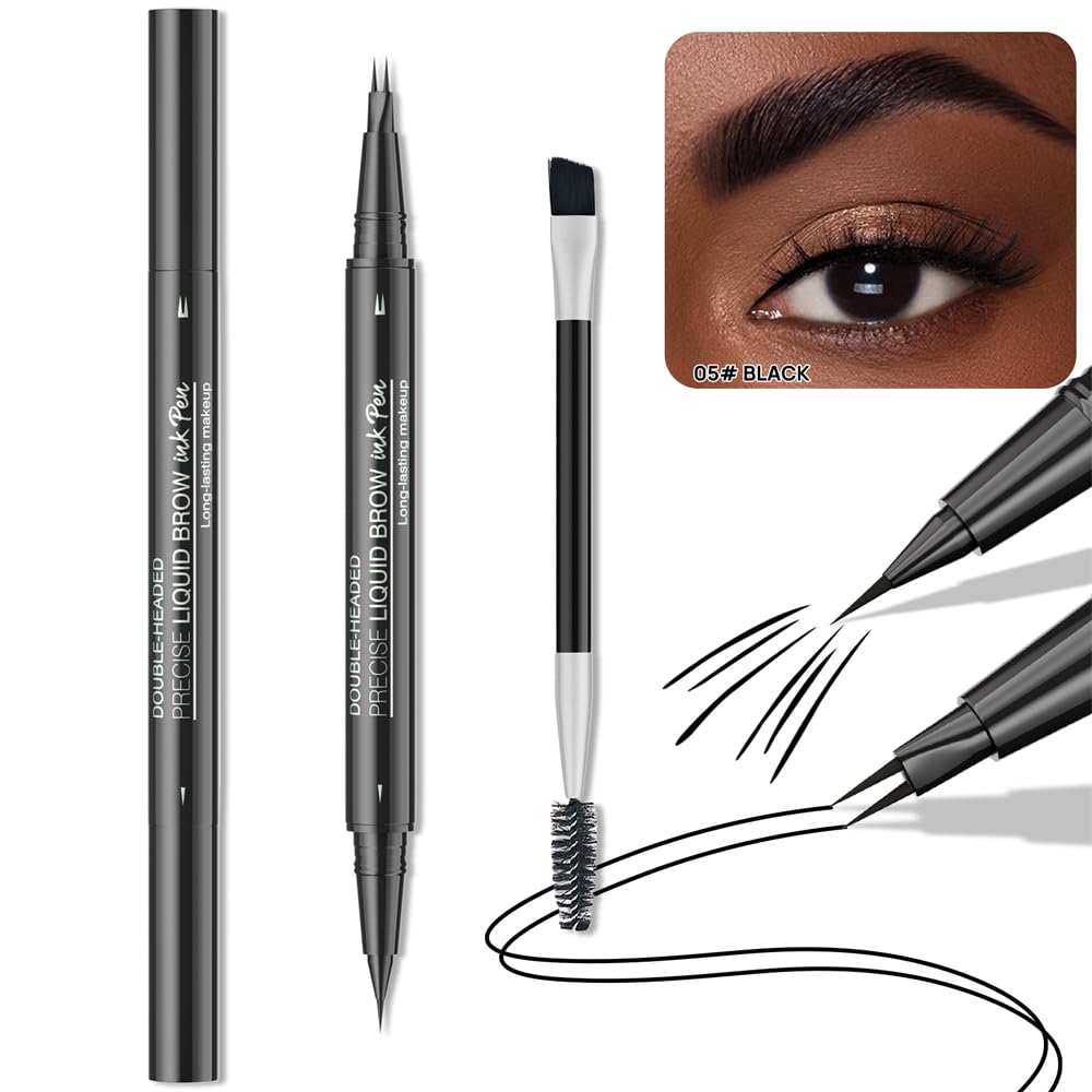 2-in-1 Double-ended Eye Brow Pencils with 2 Tips and Precise Brush Tip, Waterproof Last All-Day, Microblading Eyebrow Pen (Black)