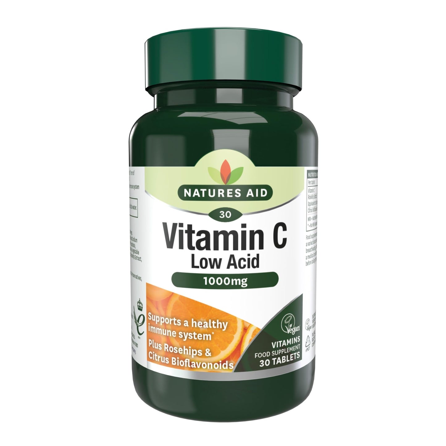 Natures Aid Vitamin C Low Acid with Rosehips and Citrus Bioflavonoid Tablets 1000mg Pack of 30