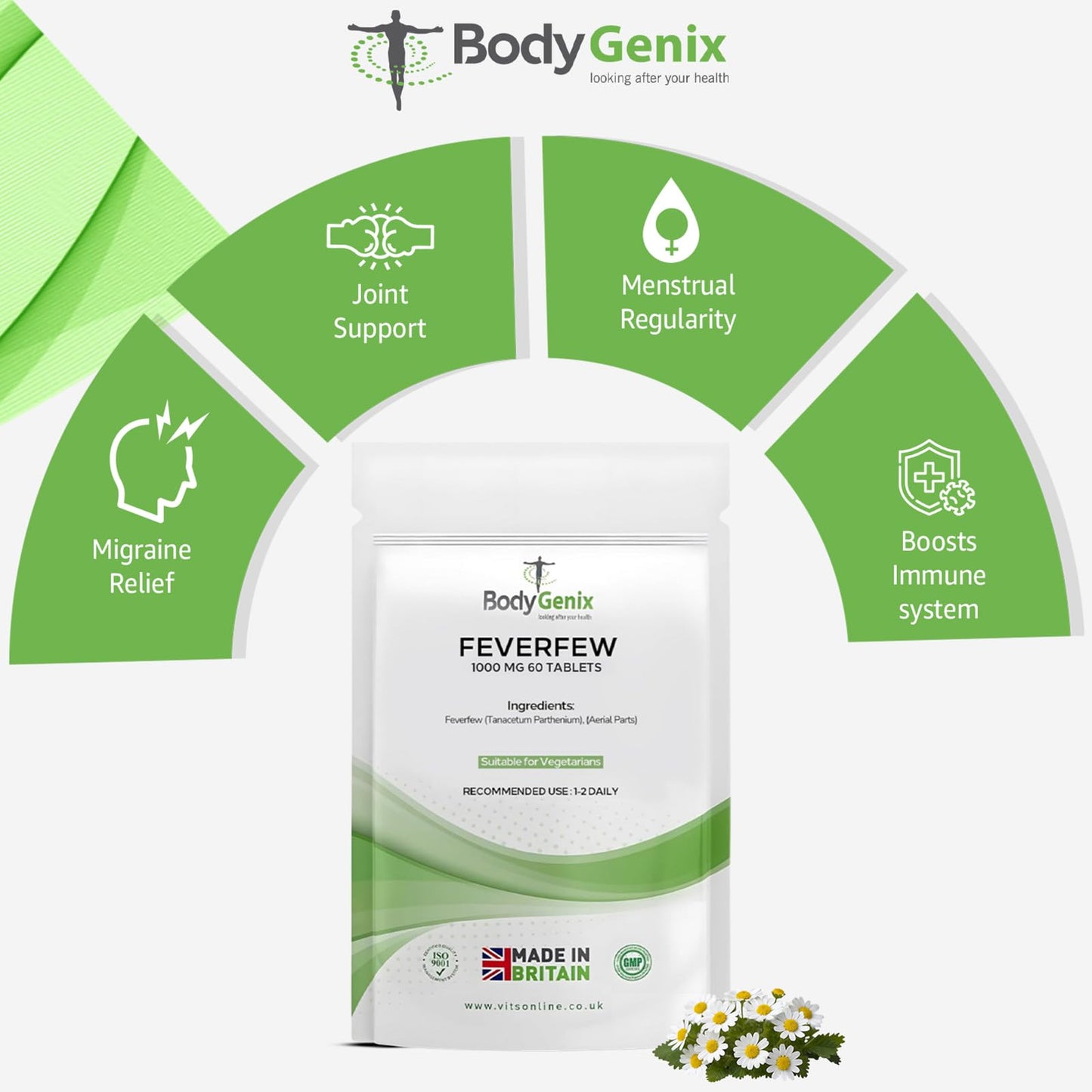 Bodygenix Feverfew 1000mg Tablets - Headaches Relief Joints Health Anti Inflammatory Natural Supplement - 60 Tablets 2 Month Supply
