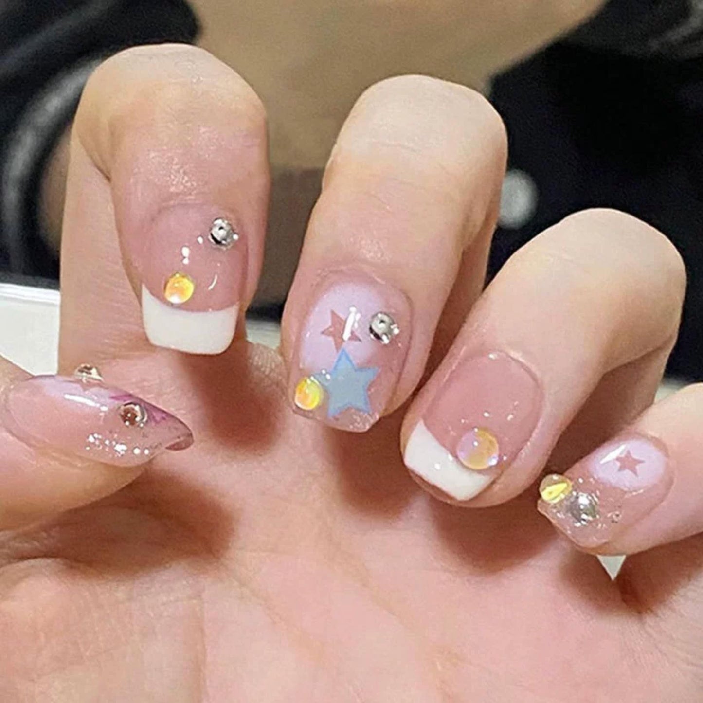 Maggidea French Cute False Nails Extra Short Kids Stick on Nails with Mermaid Bubble Beads 24pcs Square Press On Nails with Glue Sweet Colour Design Funny Fake Nails for Women (Sweet Heart)