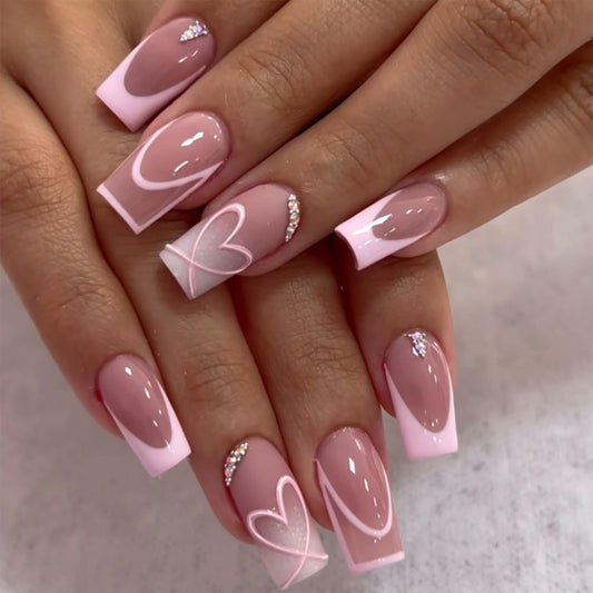 ewku 24Pcs French False Nails - Short Square Press On Nails Heart Design- Acrylic Full Cover Fake Nails with Glue, Reusable Stick On Nail for Women