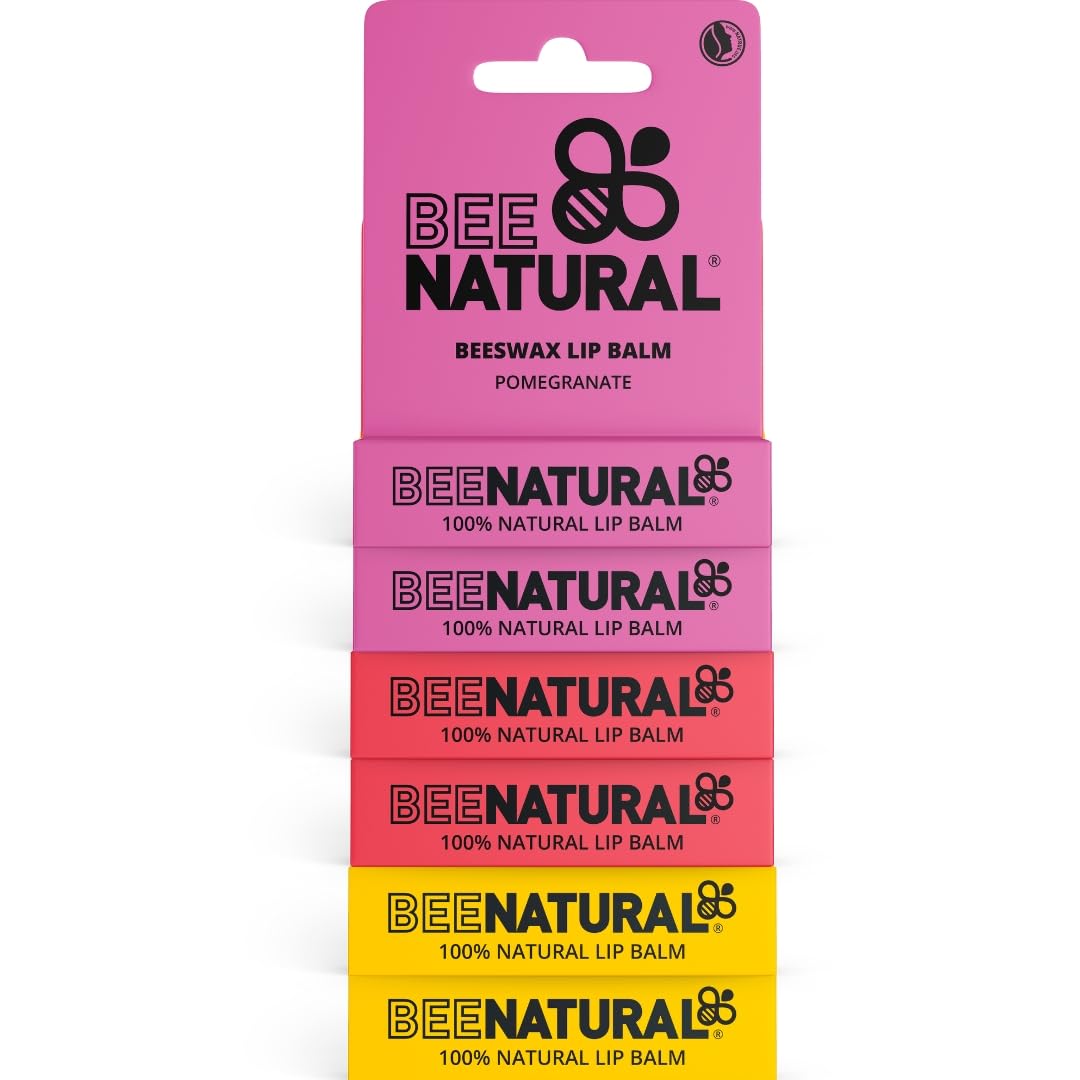 Bee Natural 100% Natural Moisturising Lip Balm - Multi Flavour (Honey Vanilla, Pomegranate, Strawberry) Pack of 6