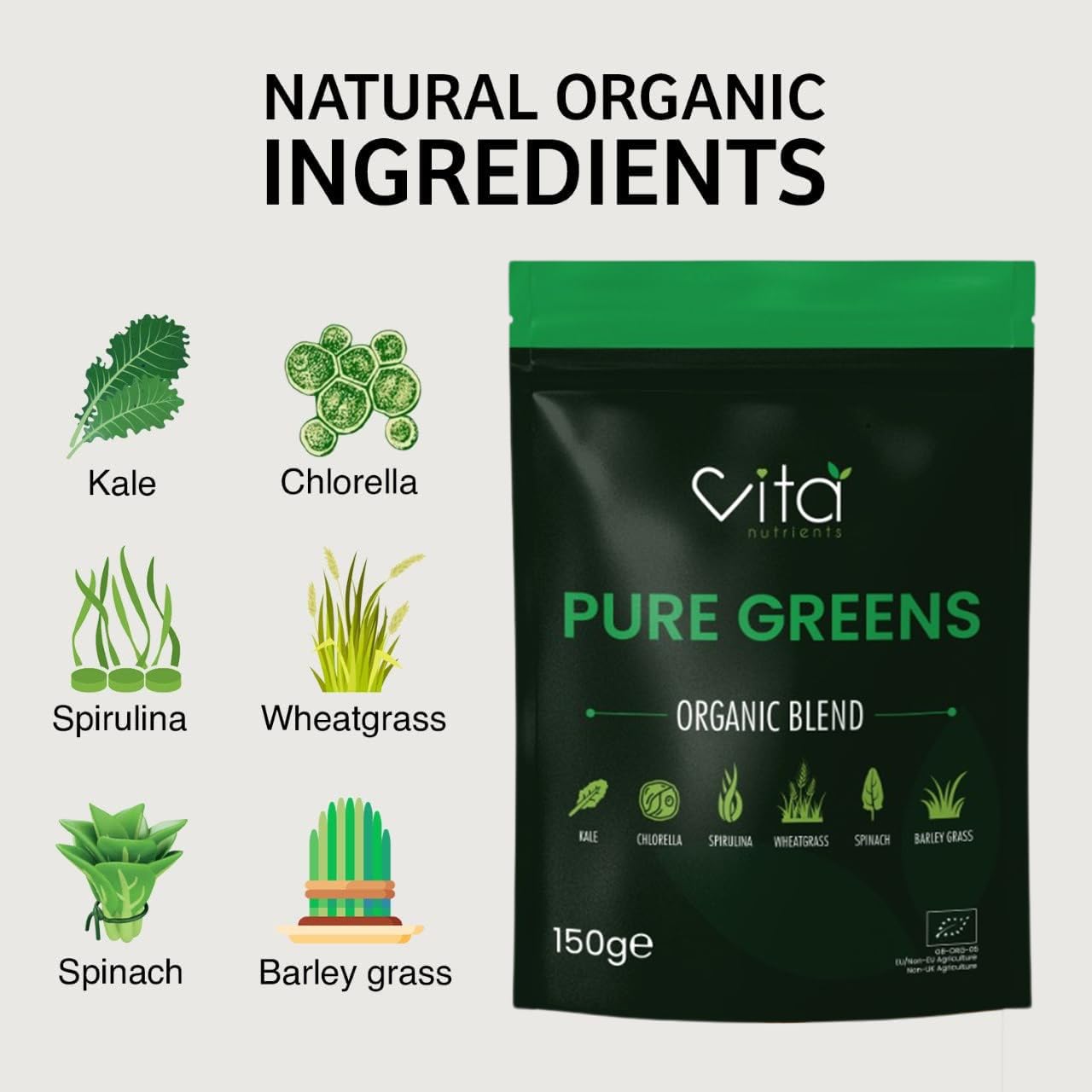 Vita Nutrients Pure Greens Superfood Powder 150g - Premium Organic Blend of 6 Plant Based Super Greens - Vegan & Gluten Free - Vitamin Fibre & Mineral Rich Formula - Made in The UK