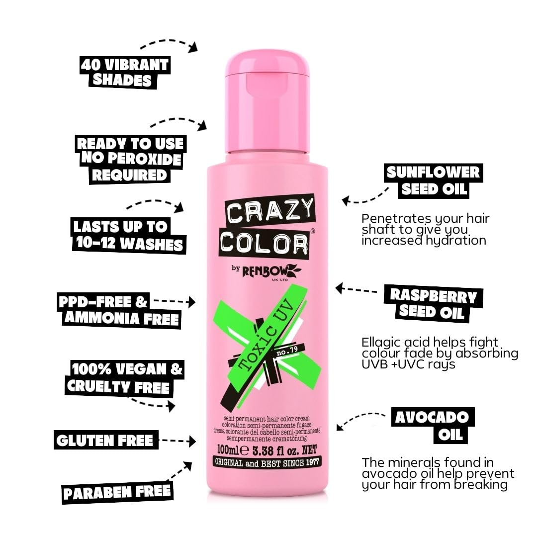 Crazy Color Vibrant Toxic UV Semi-Permanent Hair Dye. Highly Pigmented Neon Green Conditioning & Oil Nourishing Vegan Formula | No Bleach or Ammonia | 100ml