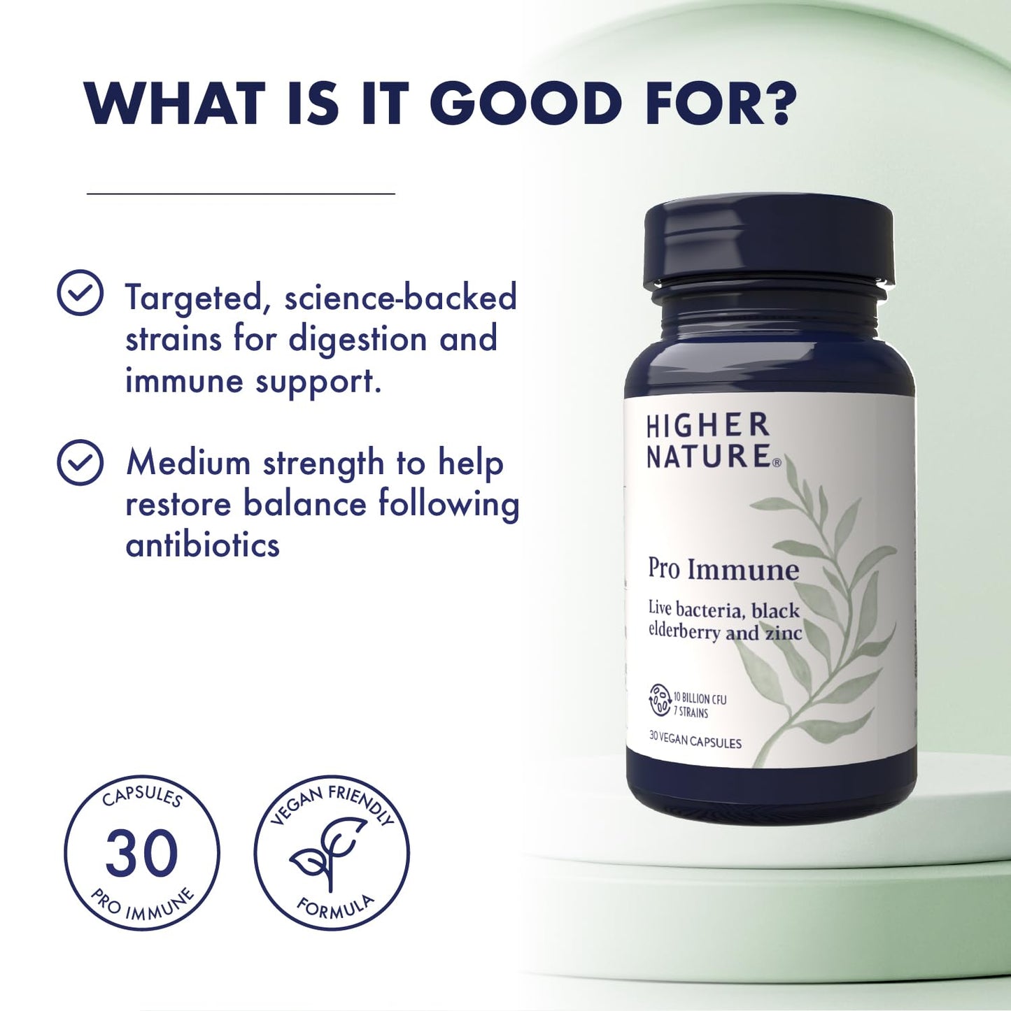 HIGHER NATURE Higher Nature - Pro Immune - Triple Action Immune Support Probiotic - Live Bacteria, Black Elderberry and Zinc - 7 Bacteria Strains - 10 Billion CFUs - Vegan Probiotics - 30 Capsules
