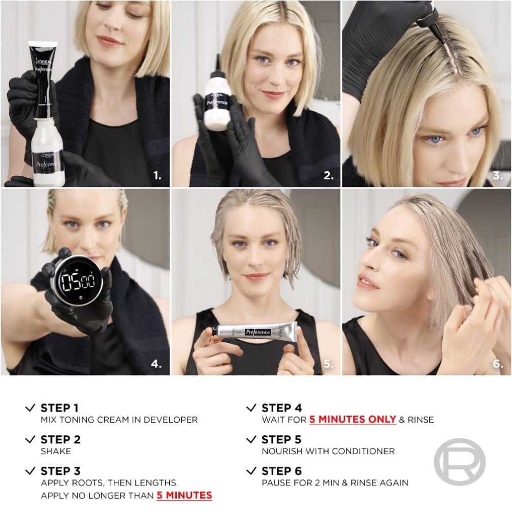 L'Oreal Paris Preference Le Blonding Acidic Toner Pearly Boost: Post-bleach treatment for long-lasting anti-brassiness and luminous results. Neutralise unwanted yellow tones for a beautiful pearly blonde finish.