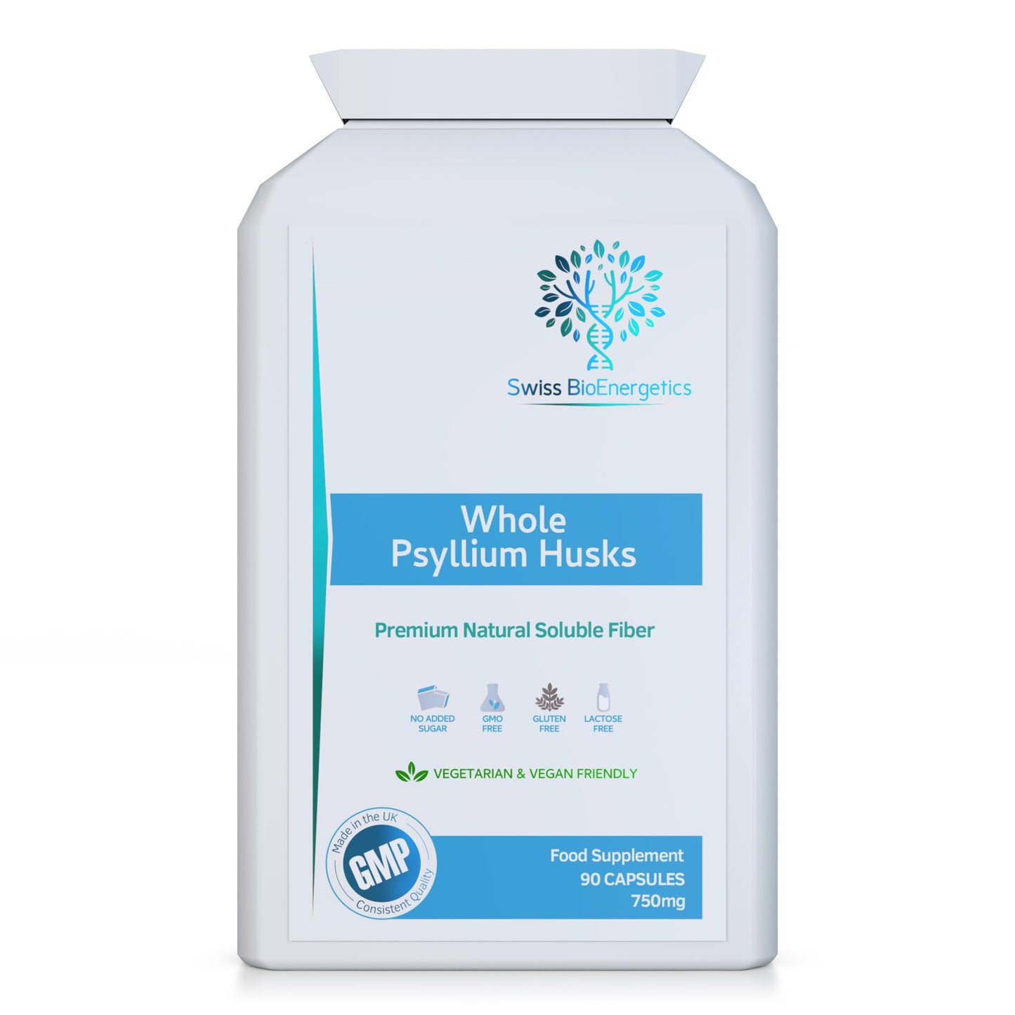 swiss bioenergetics Fibre Supplement 750mg Whole Psyllium Husk (not just Extract) - High Strength Natural Soluble Fiber Supplement from Plantago Ovata Plant Seeds, 90 Psyllium Husks Capsules - Made in UK & Vegan