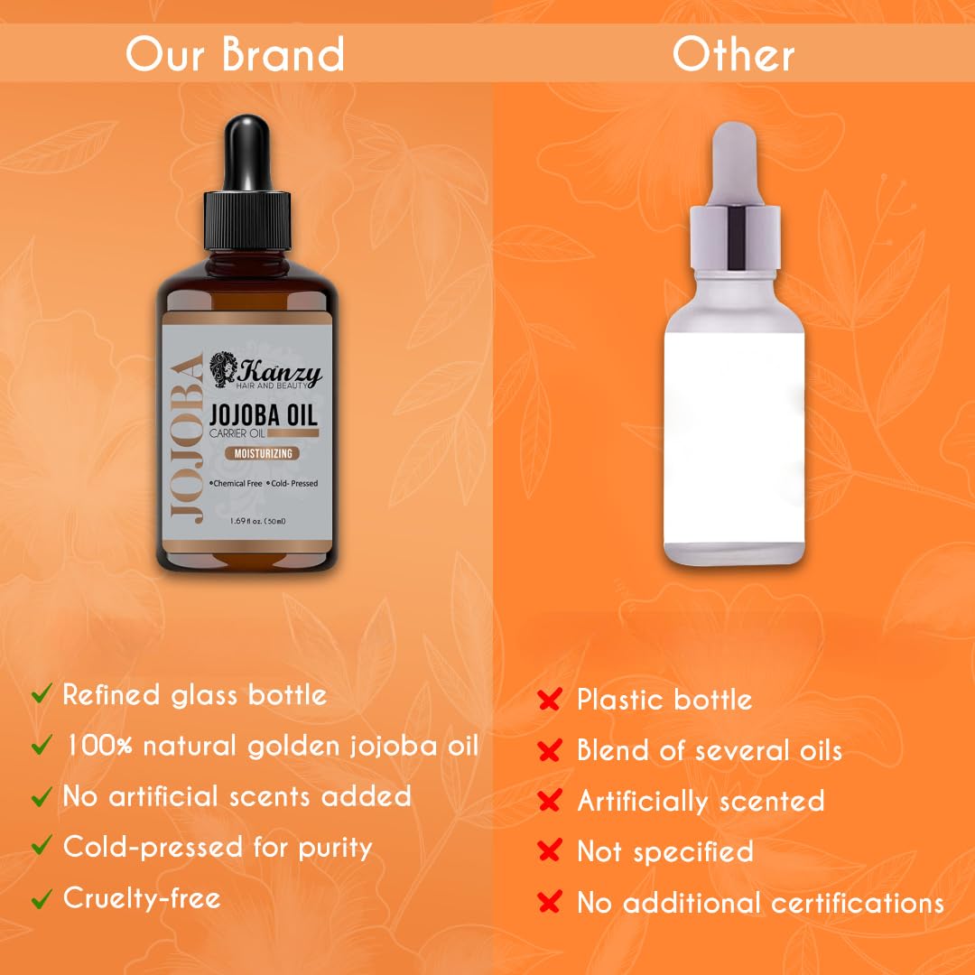 KANZY HAIR AND BEAUTY Kanzy Jojoba Oil Cold Pressed 50ml - 100% Pure Jojoba Oil for Hair, Nails, Eyelash & Eyebrow Growth - Vegan & Cruelty-Free for Skin, Face & Body as Carrier, Massage Oil