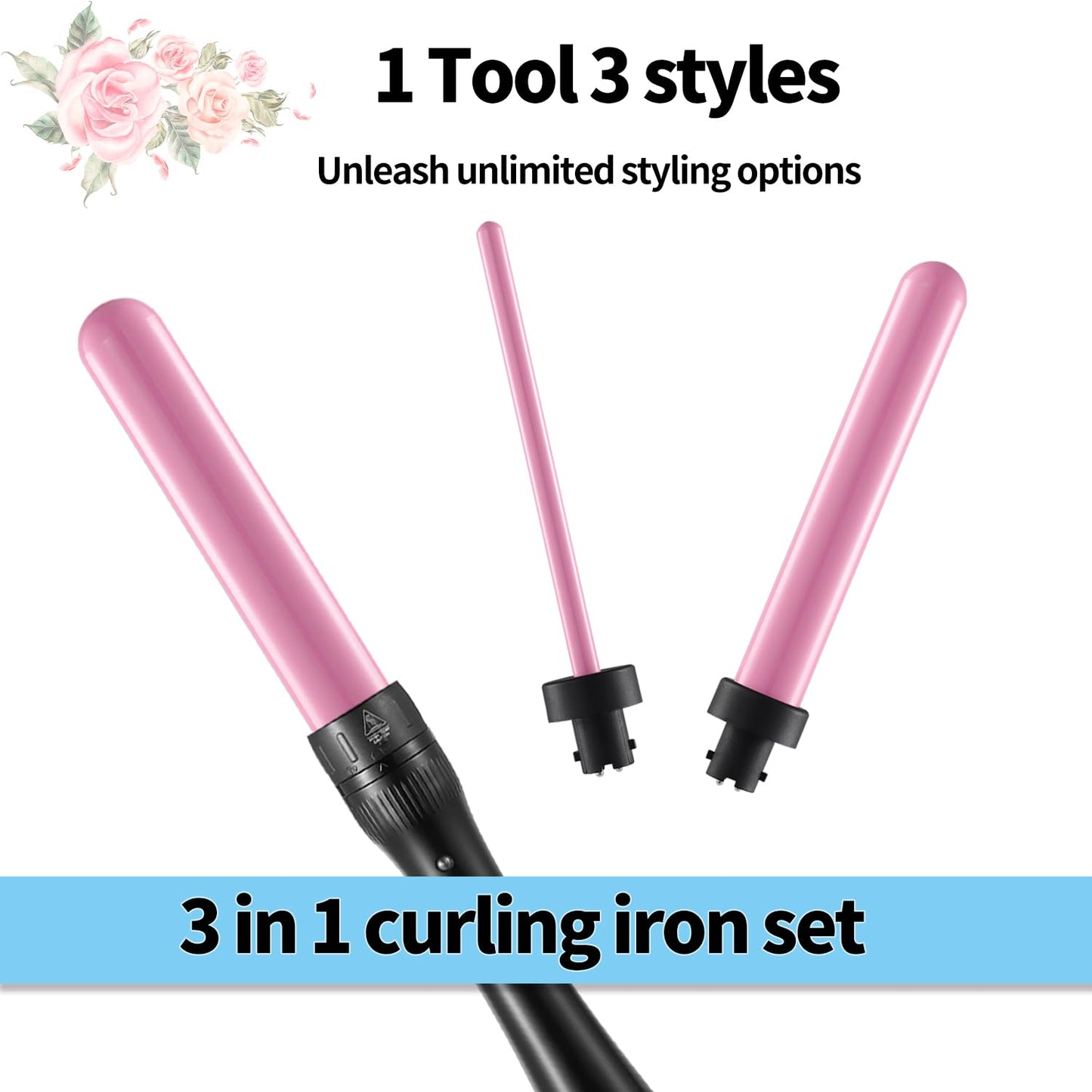 Culwad Curling Wand 3 in 1, Hair Curler Wand Set with 3 Interchangeable Barrels 9/25/32 mm, 180℃-210℃ Temperature Control, Curling Tongs for Short Medium Long Hair